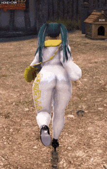 a woman in a white outfit is running in a video game with the words honeycam at the bottom