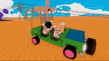 a green toy car with three people in it is in the desert