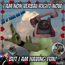 a picture of a frog with a phone on his head that says " i am non verbal right now "