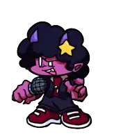 a cartoon character is holding a microphone and has a star on his head .