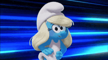 a smurf with blonde hair and a white hat is standing in front of a blue background