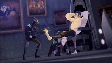 a group of cartoon characters are fighting each other