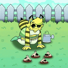 a cartoon of a bee with a watering can next to her