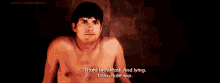 a shirtless man is laying down and saying i hate breakfast and lying . i also hate war .