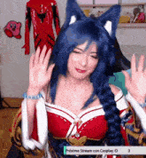 a woman wearing a blue wig and a red and white dress says proximo stream con cosplay 3