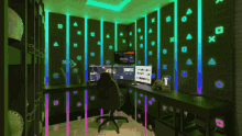 a room with glowing green lines on the wall