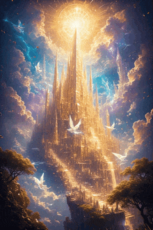 a painting of a castle in the sky with birds flying around