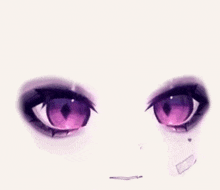a close up of a person 's eyes with purple eyes and a slight smirk on their face .