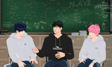 a drawing of three people sitting in front of a blackboard that says place