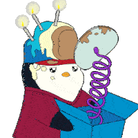a cartoon of a penguin with a cake on its head