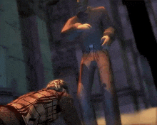 a man in a plaid shirt is kneeling down in front of a robot in a video game .