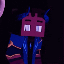 a cartoon character with a purple head and blue horns is wearing a blue jacket .