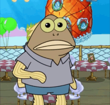 a cartoon character from spongebob squarepants is standing in front of tables