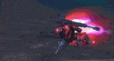 a red robot with a purple light coming out of its eyes