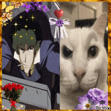 a picture of a cat and a picture of a man with a heart hanging from it