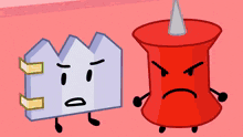 a red pin with an angry face is standing next to a white object with a sad face