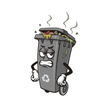 a cartoon illustration of a garbage can with a recycle symbol on the side