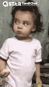 a little girl is making a funny face in front of a star tamil chat sign
