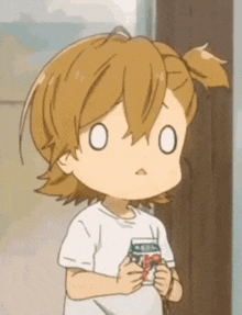 a cartoon girl is holding a can of soda and making a funny face .