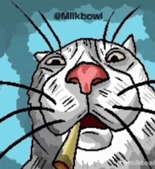 a pixel art drawing of a cat with a pencil in its mouth by @milkbowl_