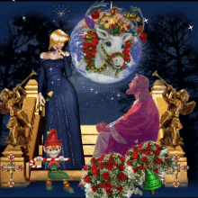a woman in a blue dress is standing next to jesus