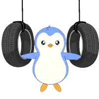 a blue and white penguin is holding two tires