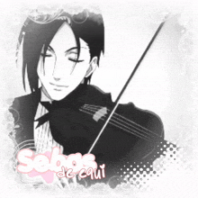 a black and white drawing of a man playing a violin with the words sebas de equi written below him