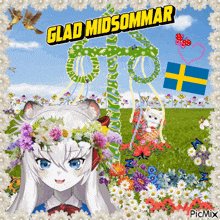 a picture of a girl with flowers on her head and the words glad midsommar above her