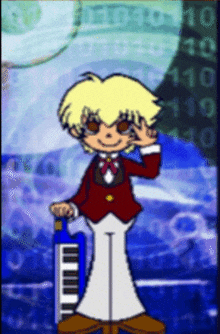 a cartoon character is holding a blue keyboard and giving the peace sign
