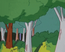 a cartoon of a person flying through the air in a forest