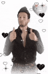 a man in a black shirt is giving a thumbs up with hearts around him