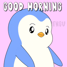 a penguin holding a plate of pancakes with syrup and the words good morning behind it