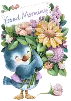 a blue bird holding a bouquet of flowers with the words good morning written on it