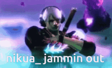 a picture of a man with headphones holding a gun with the words " nikua_jammin out " on the bottom