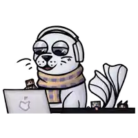 a cartoon seal wearing headphones and a scarf is sitting in front of an apple laptop