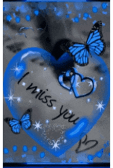 a blue heart with butterflies and the words " i miss you " written on it