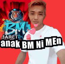a man in a white shirt with anak bm ni men written on his shirt