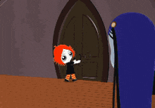 a cartoon of a girl in a red hat standing in front of a doorway