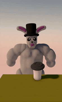 a cartoon bunny wearing a top hat is sitting at a table