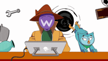 a cartoon of a man sitting at a laptop with a w on his face