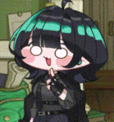 a cartoon girl with black and green hair is making a funny face while standing in a room .