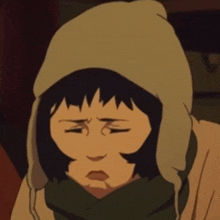 a cartoon character with a scarf around his neck and a hood on