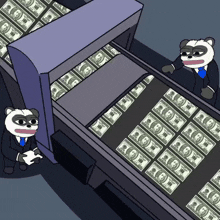 two panda bears are sitting in front of a conveyor belt filled with money