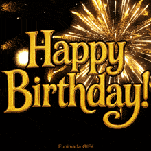 a happy birthday gif with fireworks behind it