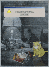 a computer screen says happy birthday italia and has a yellow cat on it