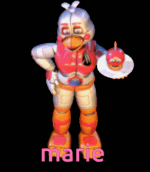 a cartoon character named marie is holding a plate of food