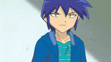 a boy with blue hair is wearing a blue jacket