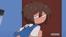a cartoon character with brown hair and blue eyes is standing in front of a door