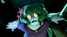 a cartoon character with green hair and yellow eyes has a starfish in her hair
