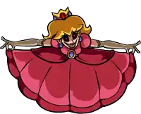 a cartoon drawing of princess peach with red eyes